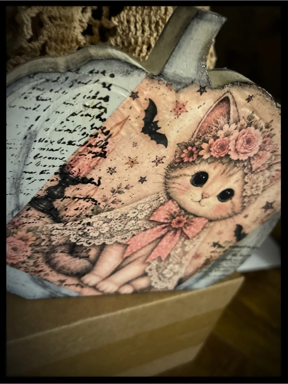 Rustic Pink Floral Cat Pumpkin shelf sitter handmade
